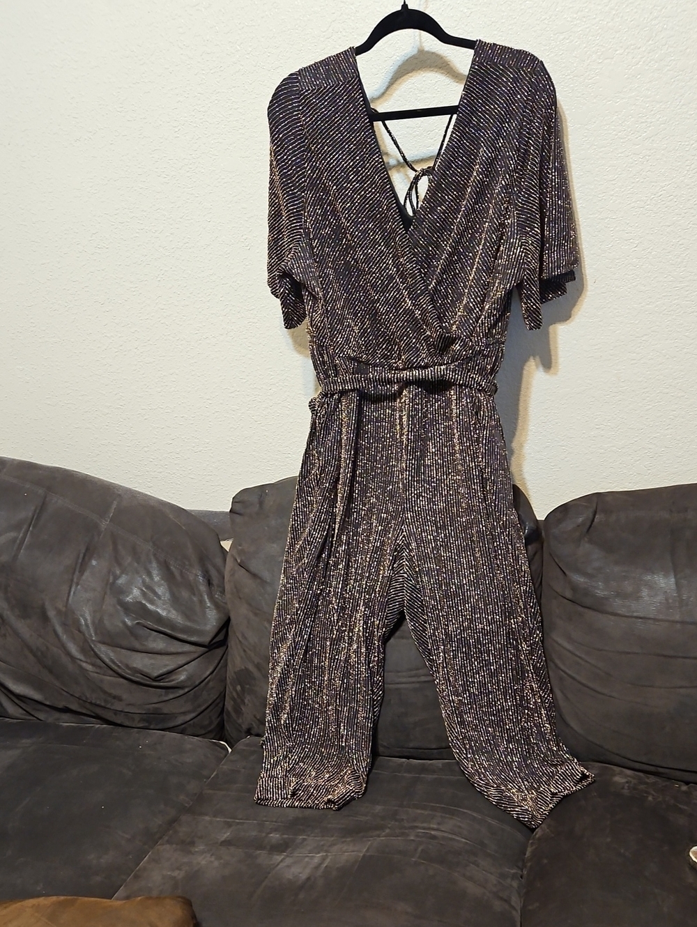 torrid Black Metallic Sparkly Knit Wrap Cropped Jumpsuit with Tie Back